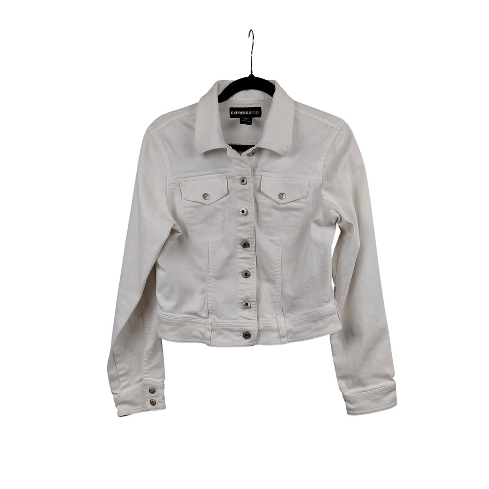 EXPRESS JEANS Women's White Denim Jacket Cropped‎ Trucker Style Size M
